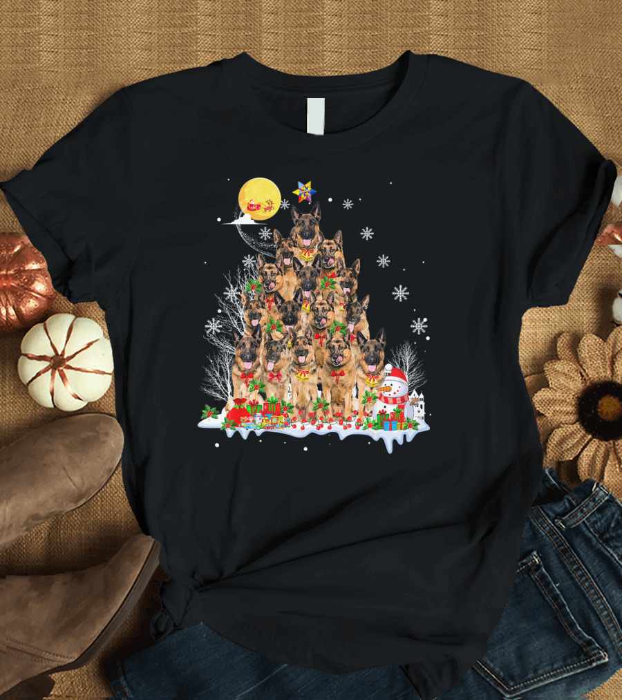 German Shepherd Christmas Tree Snowflakes Santa Sleigh Present Stack T-Shirt