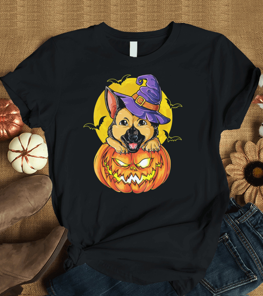 German Shepherd Witch Hat Halloween Pumpkin Moon Bats T-Shirt