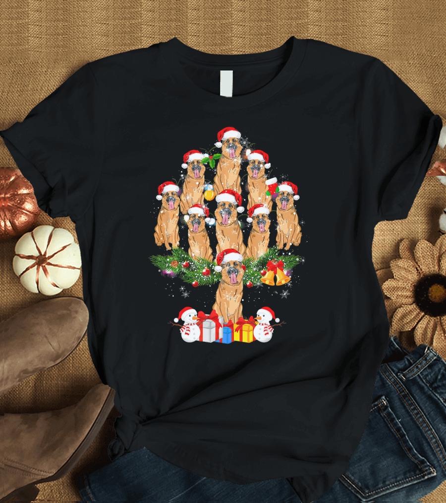 German Shepherd Christmas Tree with Santa Hats Snowmen and Gifts T-Shirt