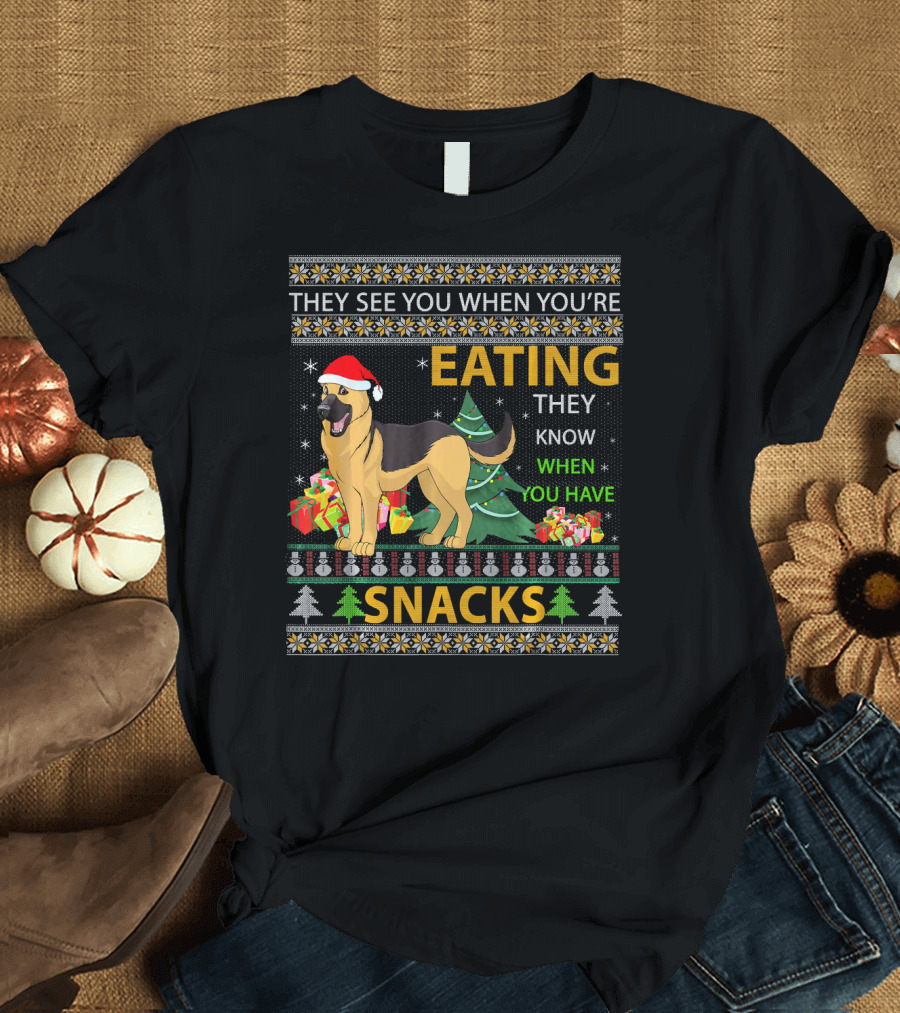 They See You When You're Eating Snacks Christmas German Shepherd T-Shirt