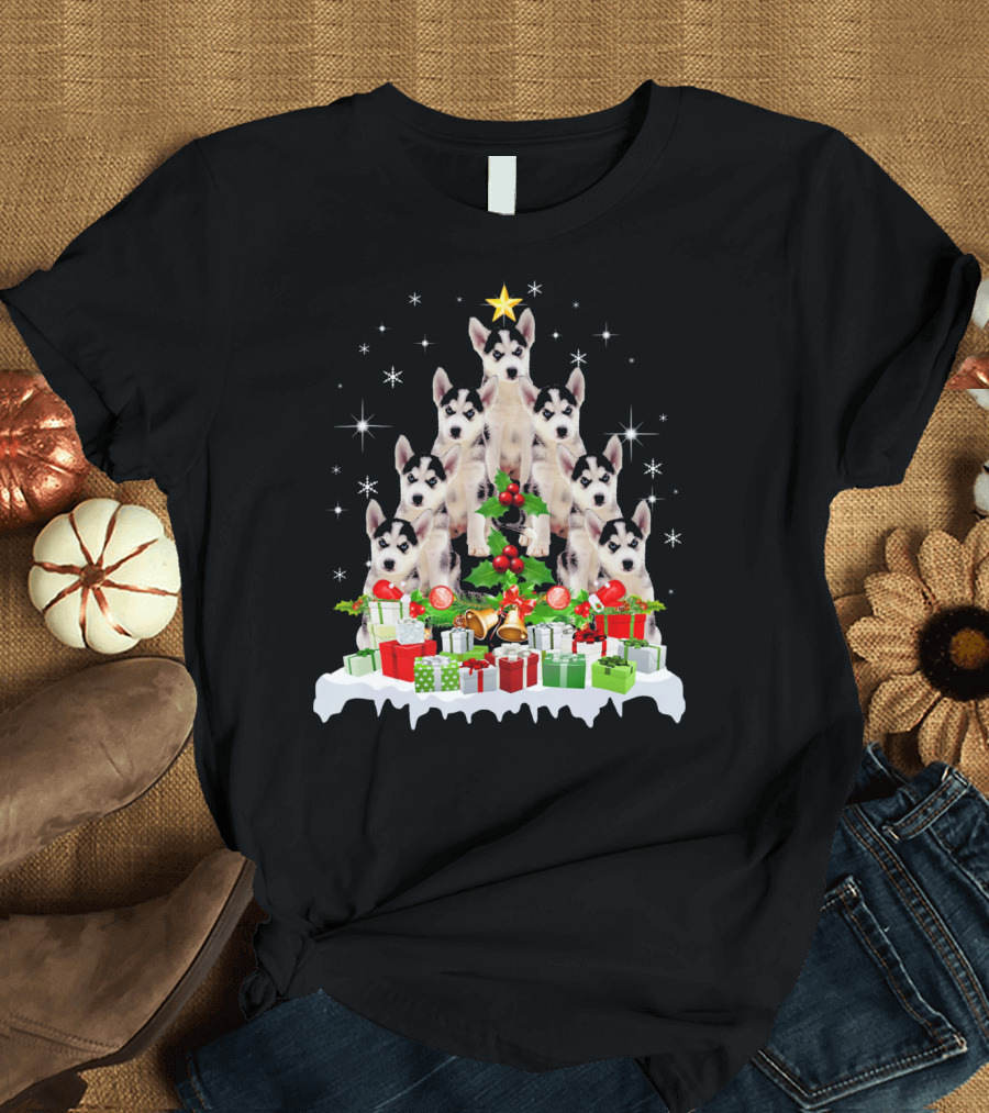 Husky Dog Christmas Tree with Gifts and Stars T-Shirt