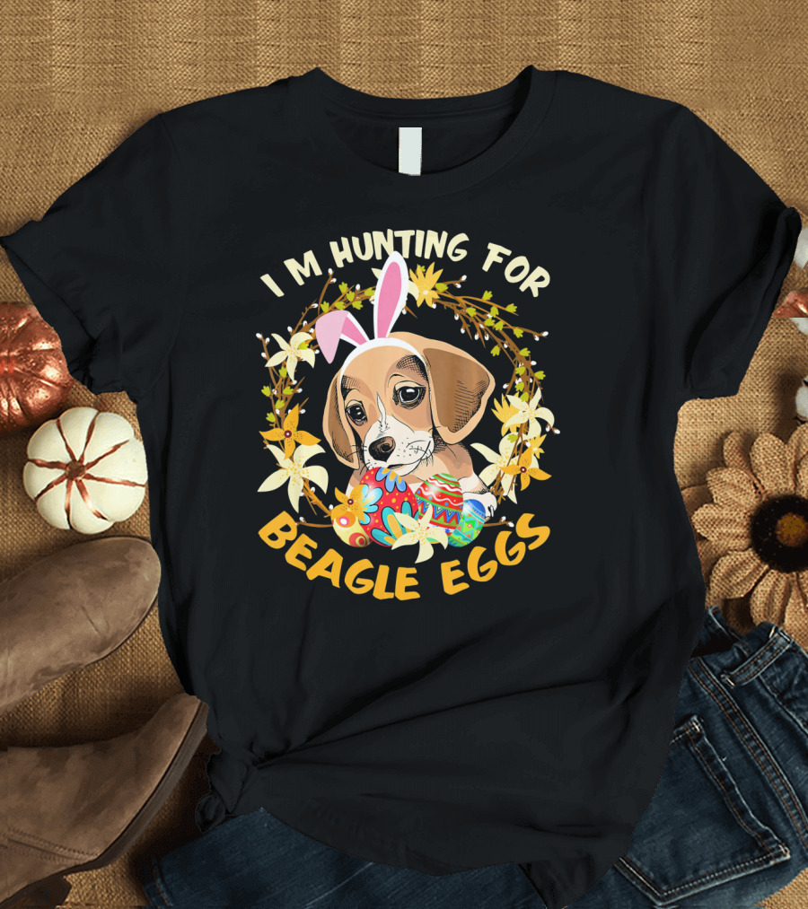 I'm Hunting for Beagle Eggs Easter Puppy with Bunny Ears and Colorful Floral Wreath T-Shirt