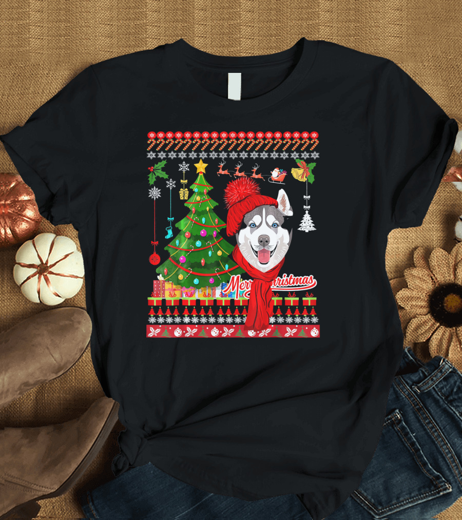 Merry Christmas Husky Dog Ugly Sweater Style Christmas Tree T-Shirt