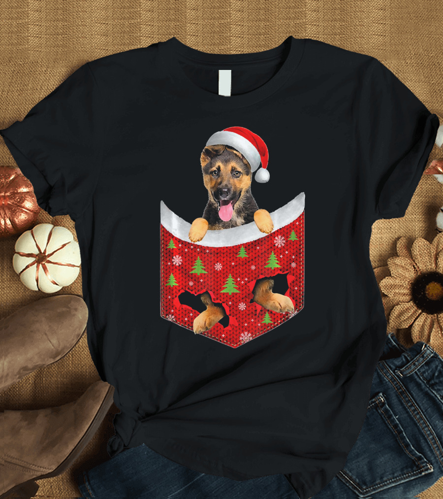 German Shepherd Dog in Santa Hat Christmas Pocket Holiday T-Shirt