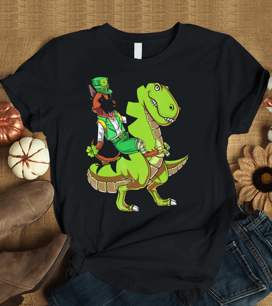 German Shepherd Wearing Leprechaun Costume Riding Rex Dinosaur Holding Clover T-Shirt