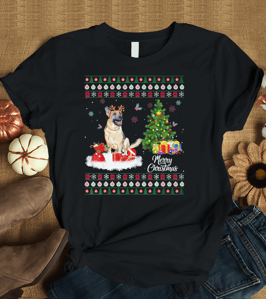 Merry Christmas German Shepherd Funny Reindeer Holiday Tree T-Shirt