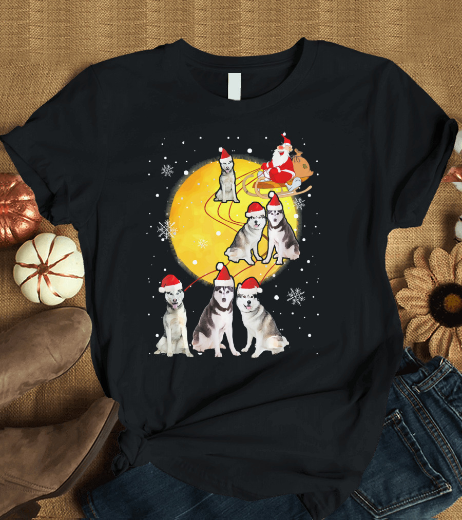 Husky Love Reindeer Christmas with Santa Funny Husky Santa Hats T-Shirt