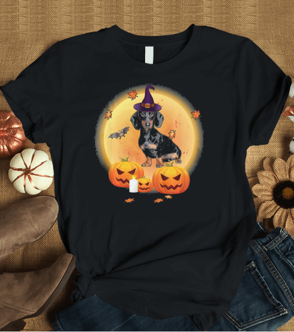 T-Shirt: Halloween Fun Dachshund Witch Hat Pumpkins Moon Bat T-Shirt Halloween Fun Dachshund Witch Hat Pumpkins Moon Bat T-Shirt