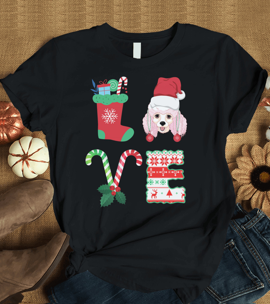 I Love My Poodle Christmas Stocking Candy Cane Hat T-Shirt
