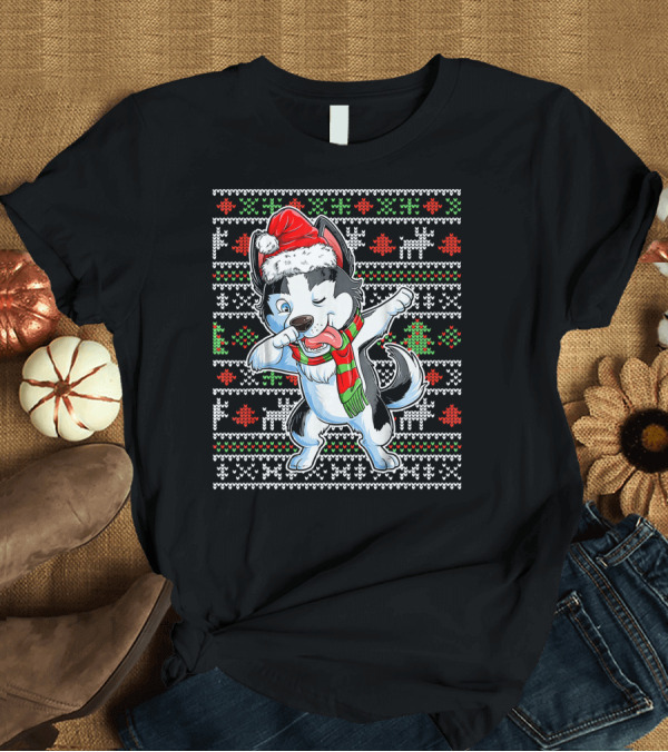 T-Shirt: Husky Dog Santa Hat Dabbing Christmas Ugly T-Shirt Husky Dog Santa Hat Dabbing Christmas Ugly T-Shirt