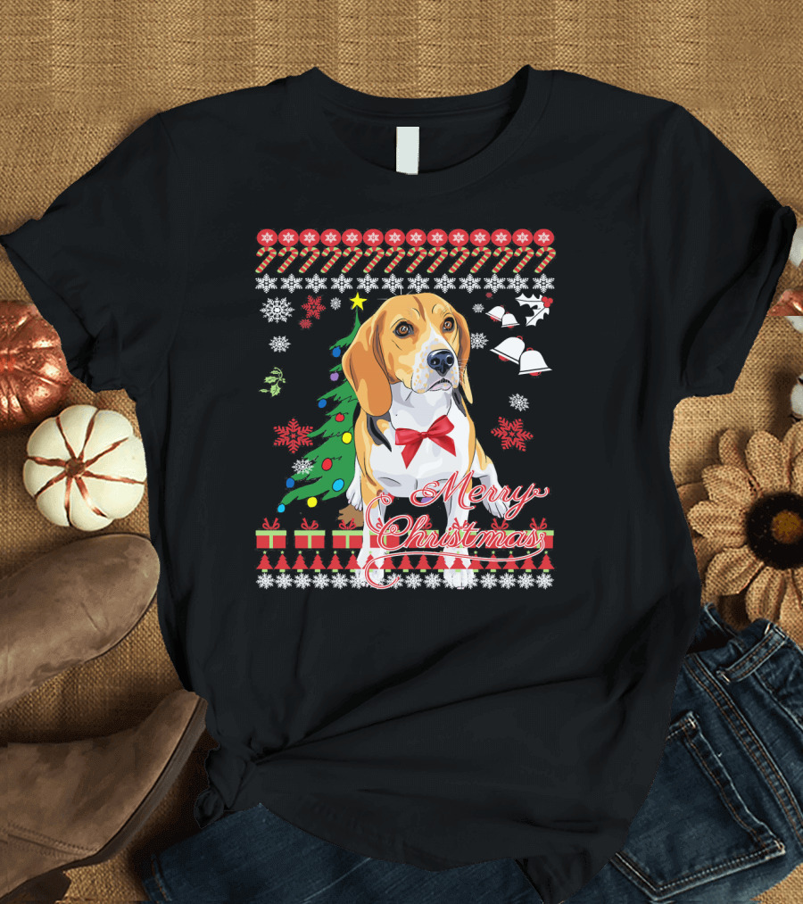 Merry Christmas Funny Ugly Sweater Beagle with Bells and Snowflakes T-Shirt
