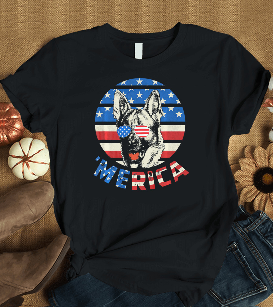 German Shepherd 'Merica American Flag Sunglasses T-Shirt