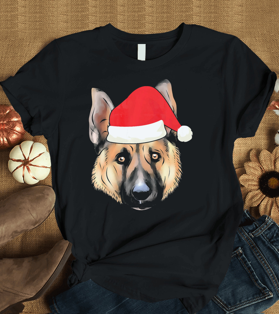 German Shepherd Dog Wearing Santa Claus Hat T-Shirt