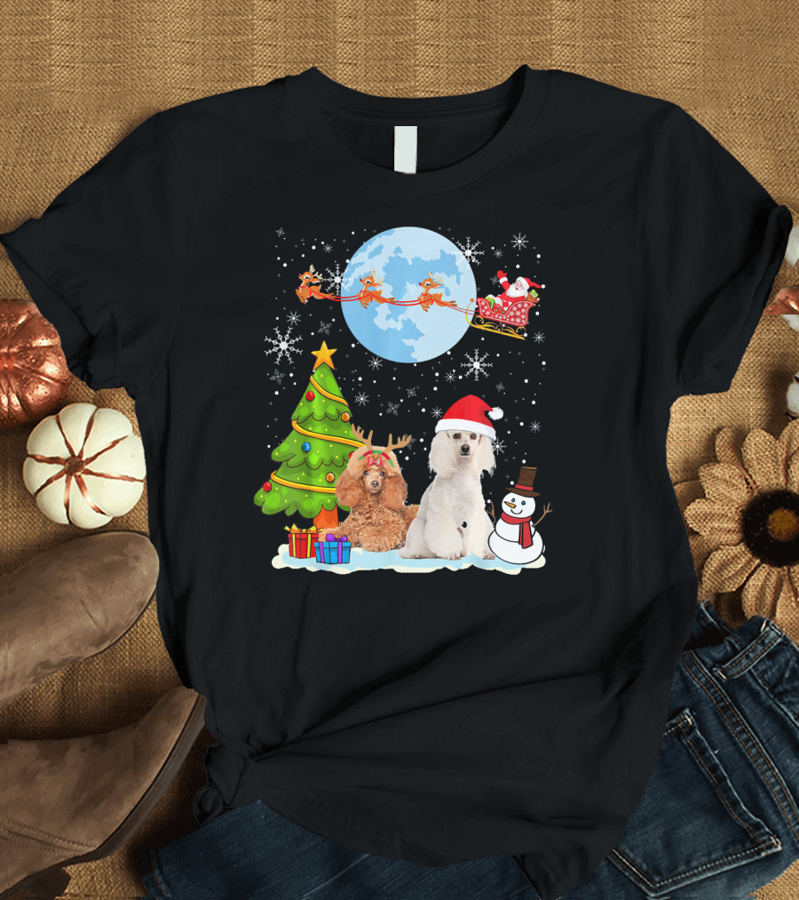 Santa Poodle Christmas Moon Sleigh Reindeer Tree Snowman T-Shirt