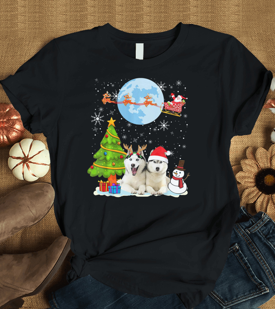 Funny Siberian Husky Christmas Moon Santa Reindeer Sleigh Tree Snowman T-Shirt