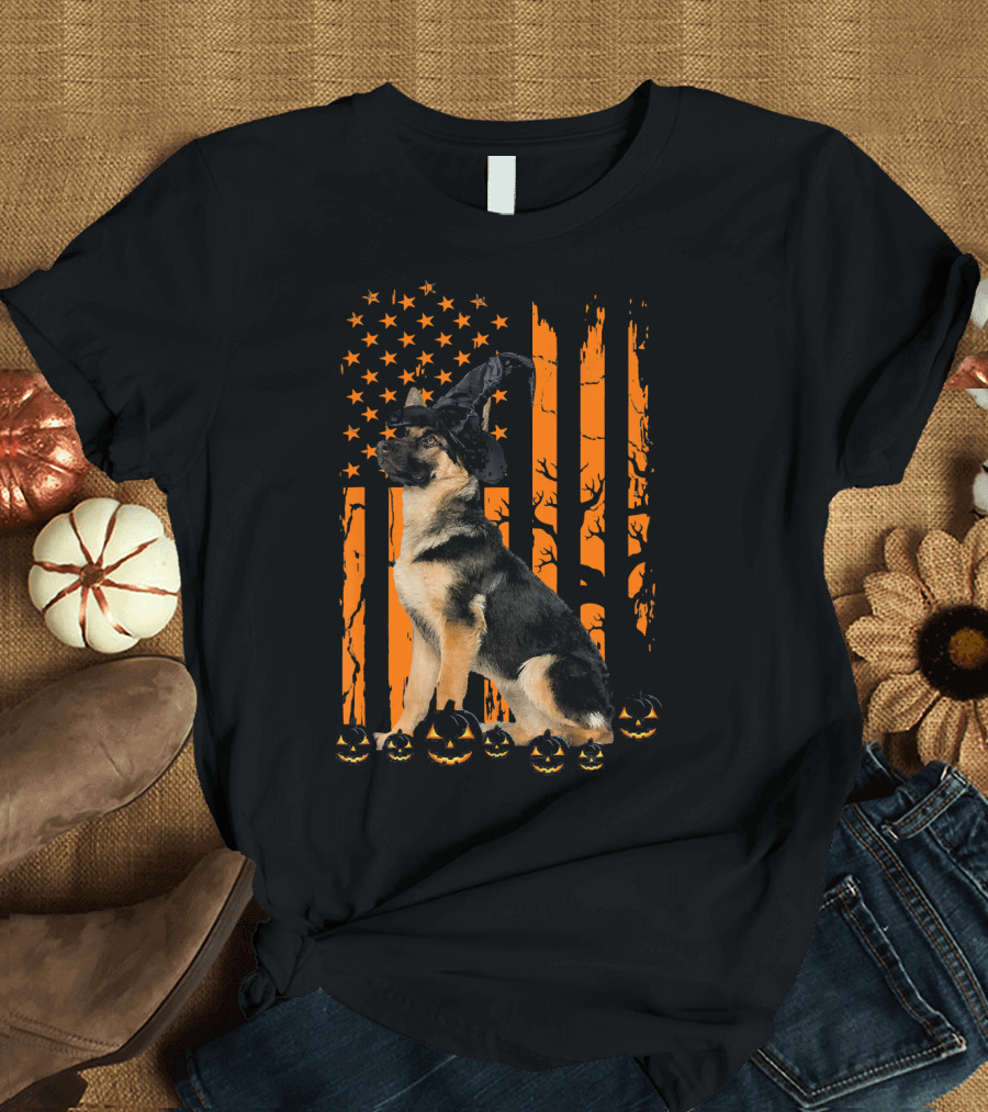 Happy Halloween German Shepherd Witch Hat Pumpkin American Flag T-Shirt