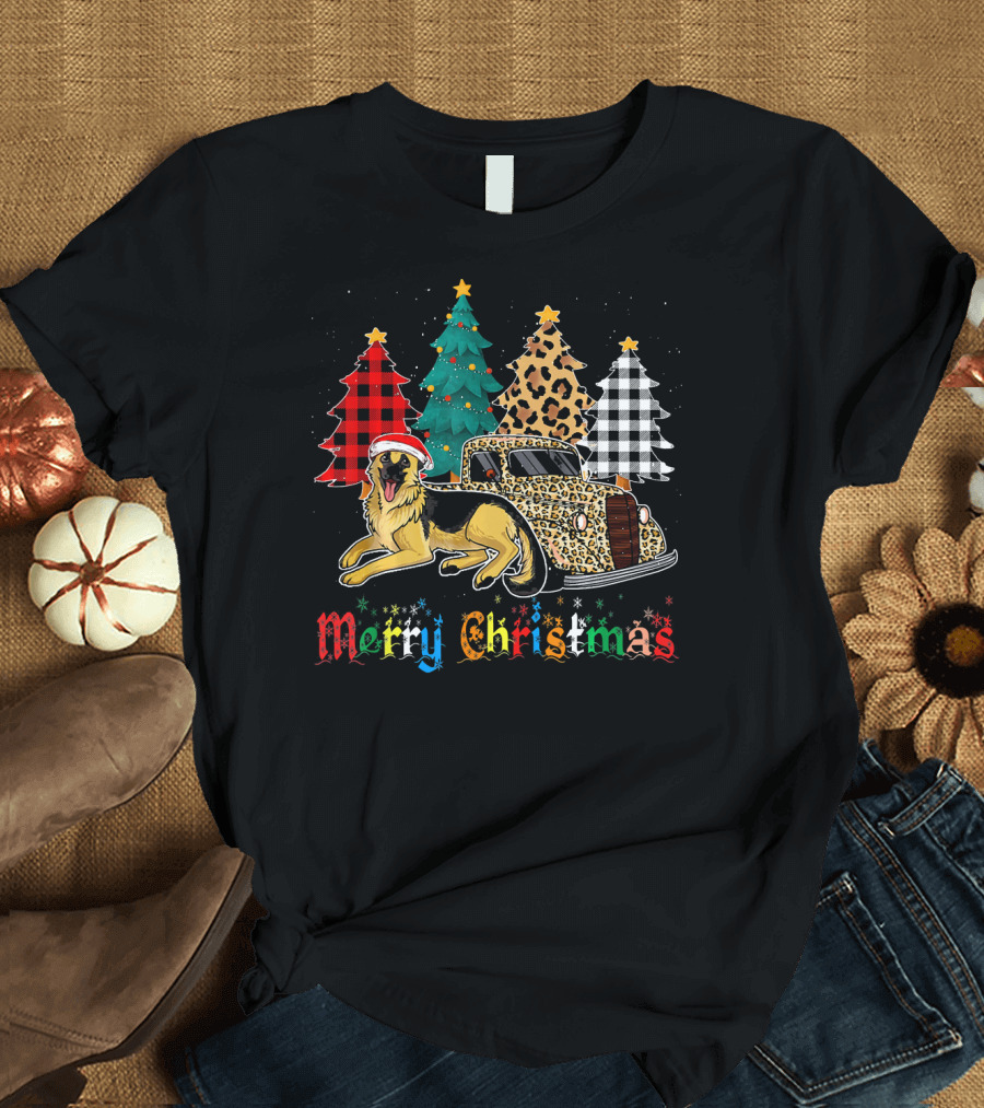 Merry Christmas German Shepherd Leopard Plaid Trees Truck T-Shirt