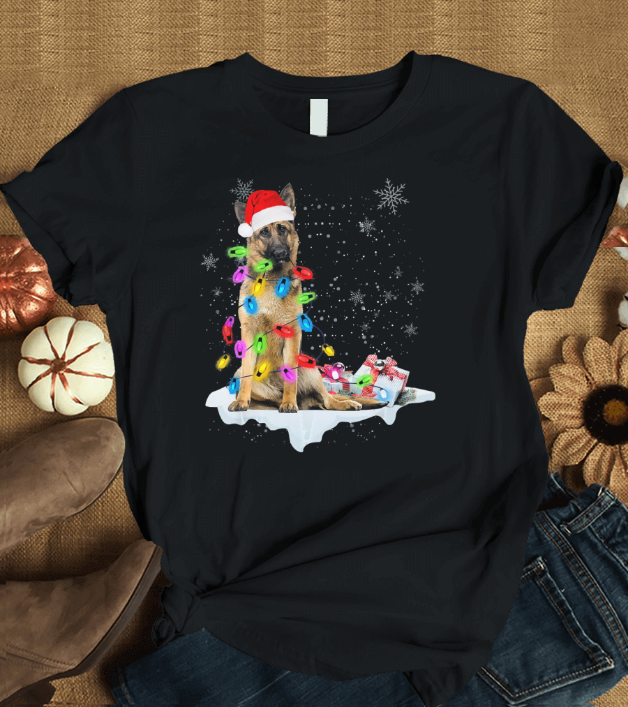 German Shepherd Dog with Christmas Lights and Santa Hat Holiday Scene T-Shirt
