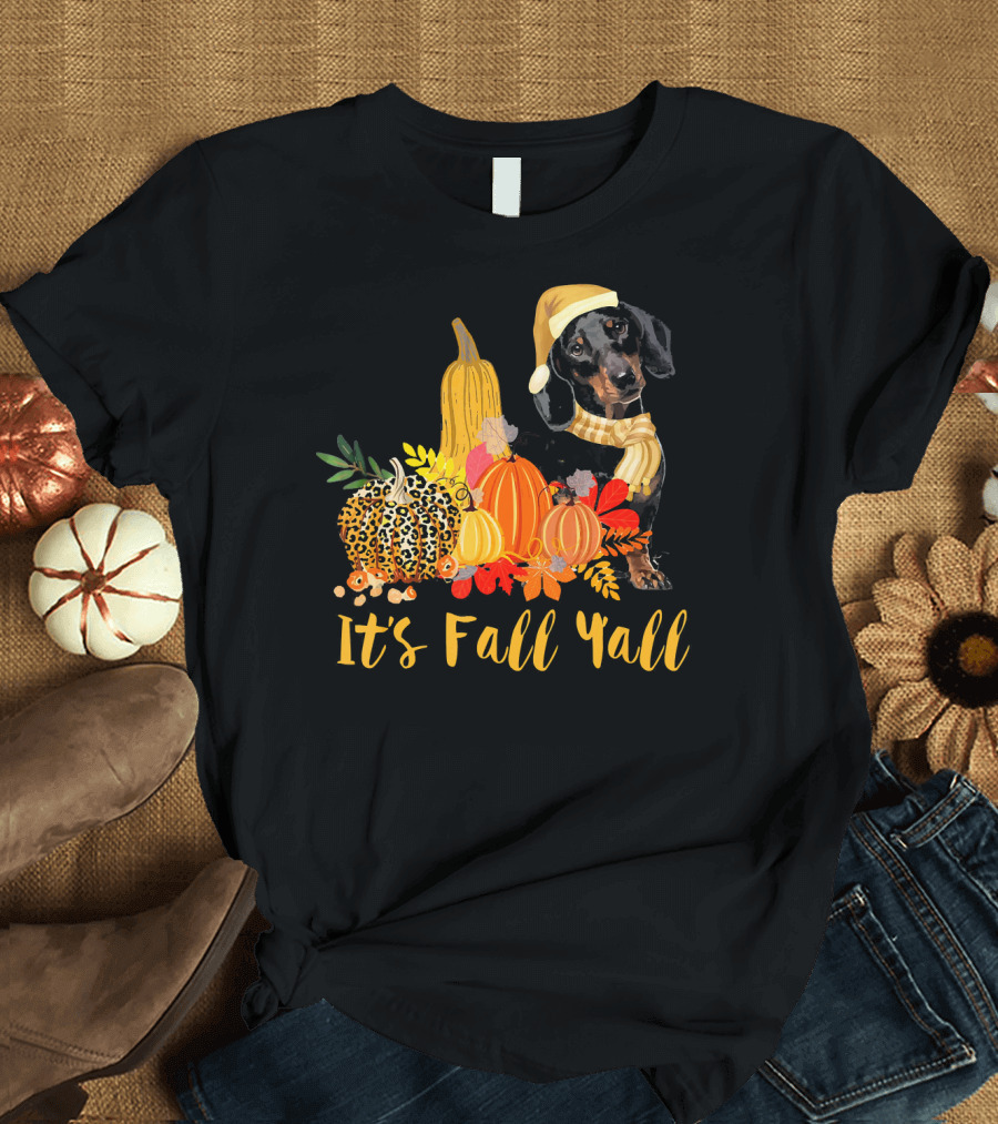 Its Fall Yall Dachshund Dog with Leopard Pumpkin and Hat T-Shirt