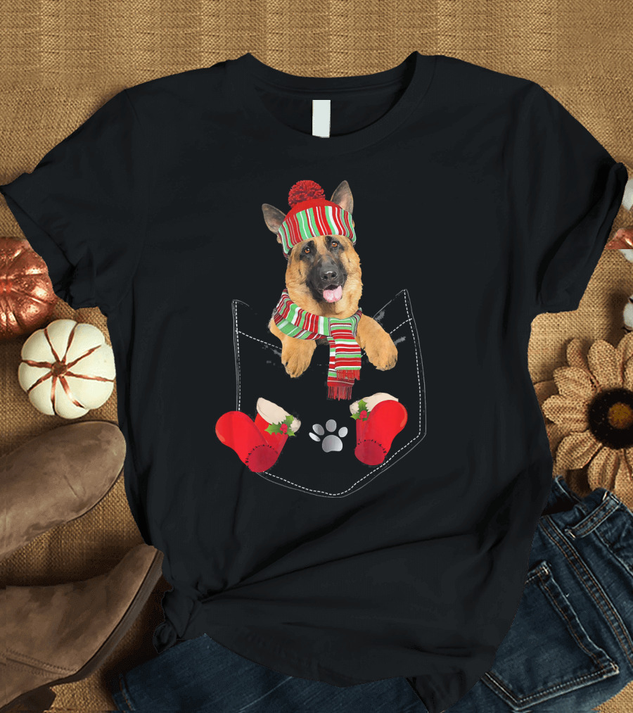 German Shepherd in Festive Striped Hat and Scarf in Christmas Pocket with Paw and Stockings T-Shirt