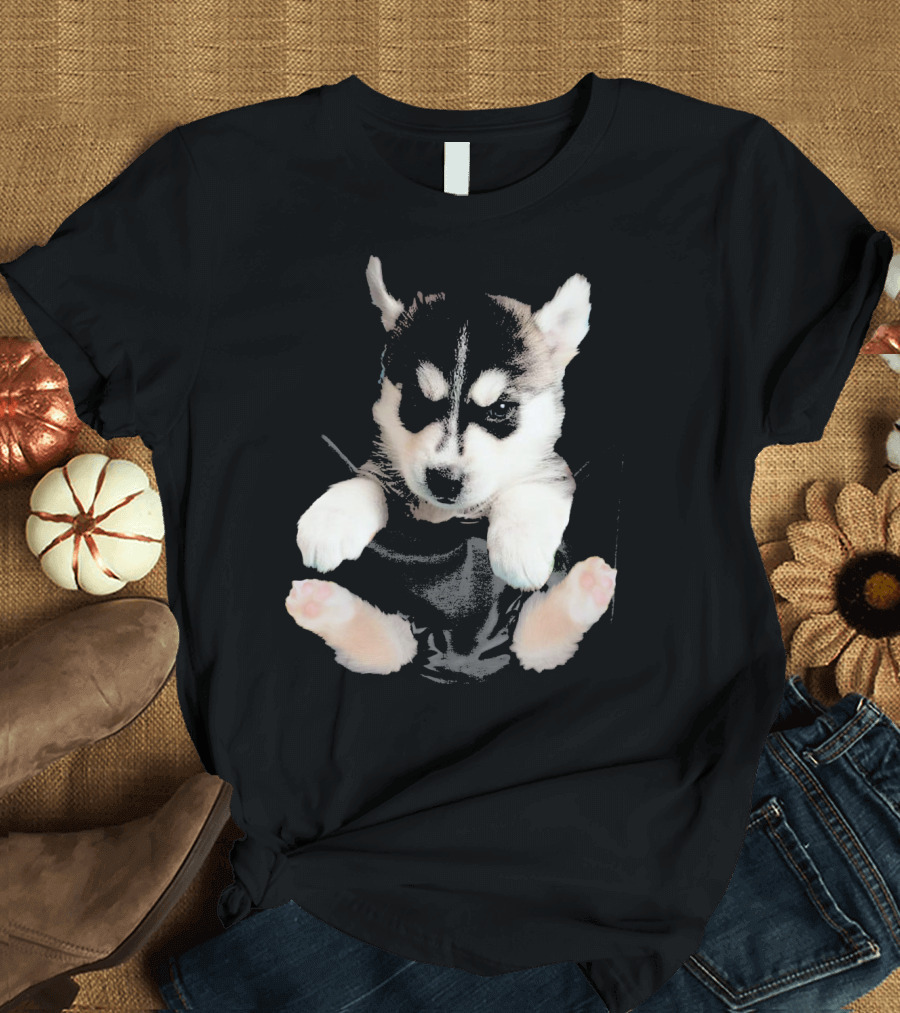 Husky Puppy in Pocket Long Sleeve Top T-Shirt