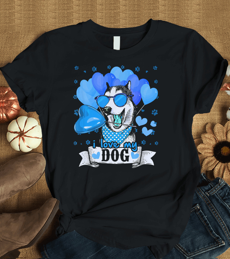 I Love My Dog Husky with Heart and Paw Prints T-Shirt