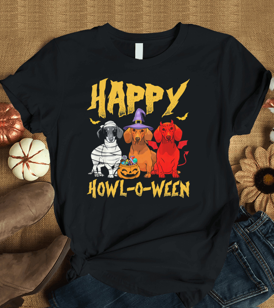 HAPPY HOWL-O-WEEN Dachshund Trio Mummy Witch Devil T-Shirt