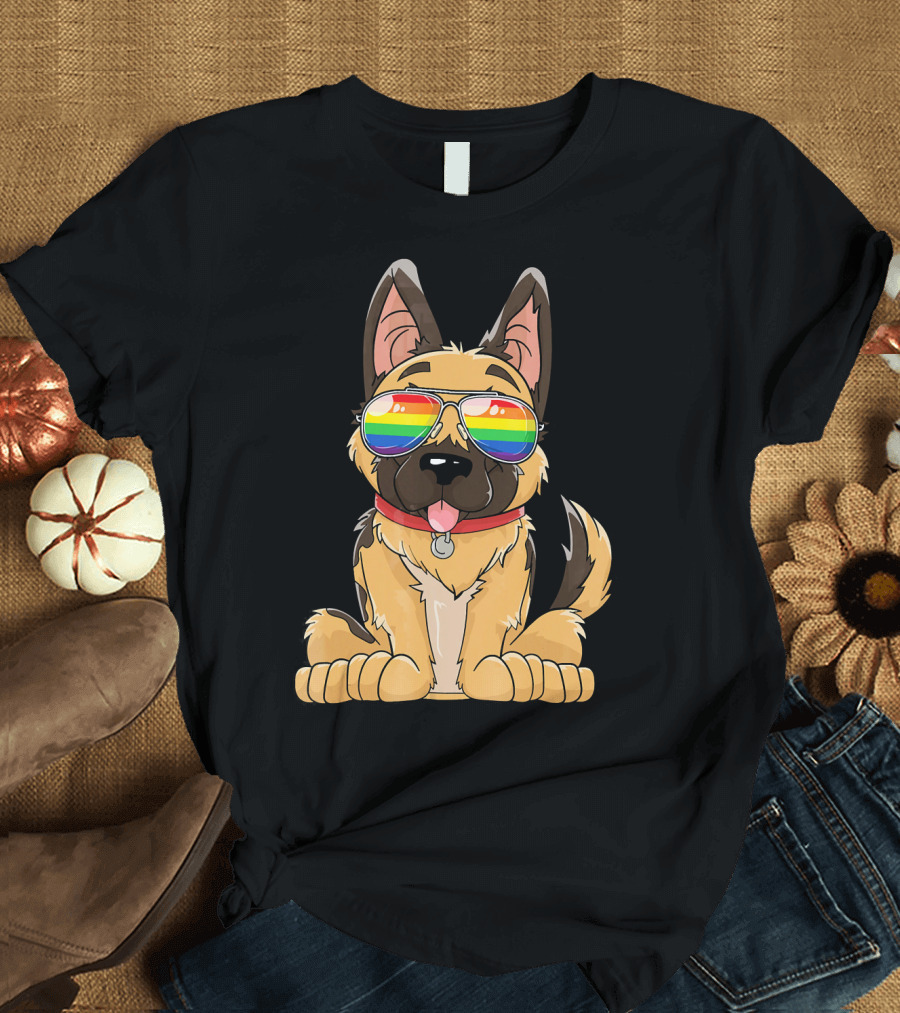 German Shepherd with Gay Pride Flag Sunglasses T-Shirt