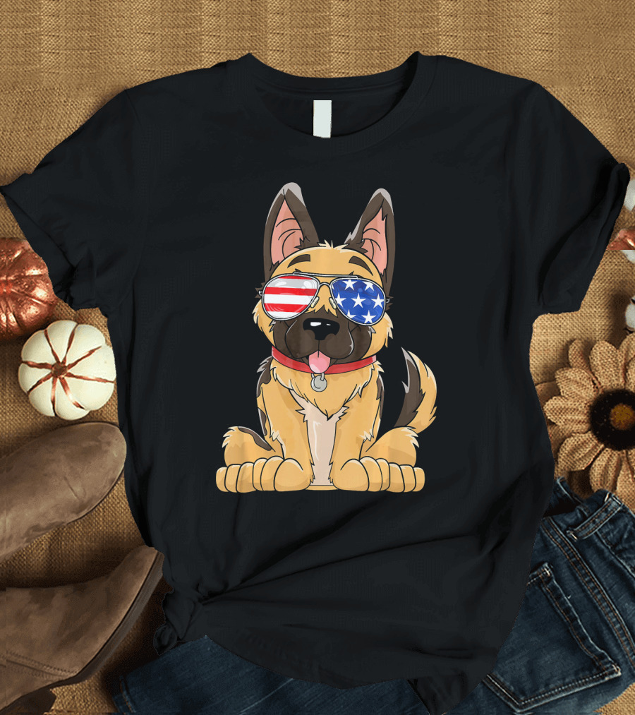 German Shepherd Wearing American Flag Sunglasses T-Shirt