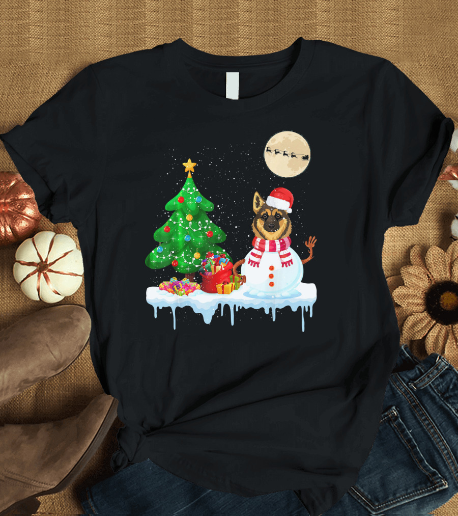 German Shepherd Snowman Christmas Tree Santa Hat T-Shirt