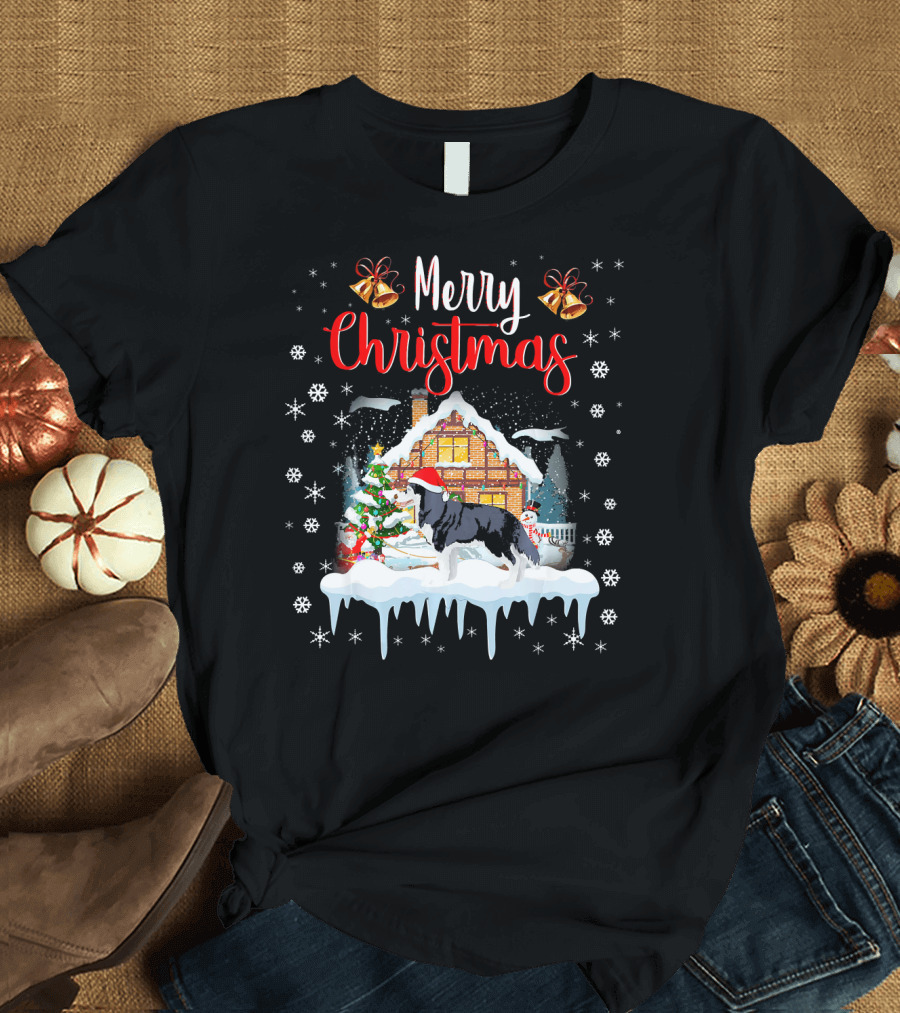 Merry Christmas Funny Siberian Husky Santa Hat House Snowflakes Bells T-Shirt