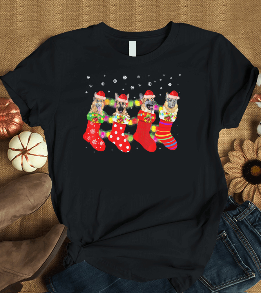 German Shepherds in Christmas Stockings with Santa Hats and Lights T-Shirt