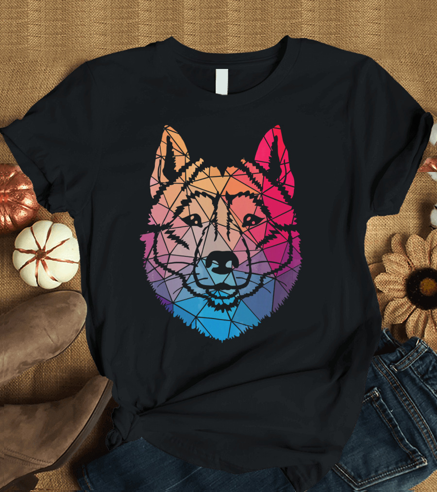 Geometric Cool Siberian Husky Shape Rainbow Gradient T-Shirt