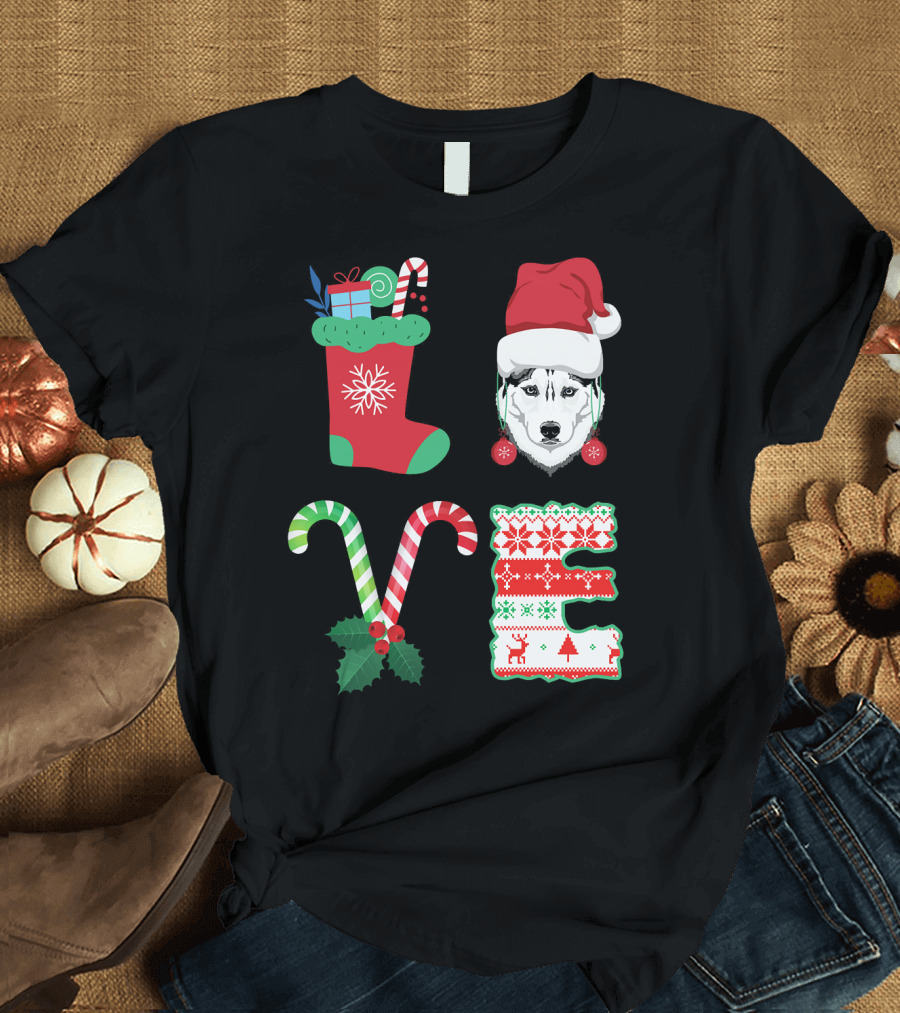 I Love My Husky Sibir Christmas Candy Cane Stocking Santa Hat T-Shirt