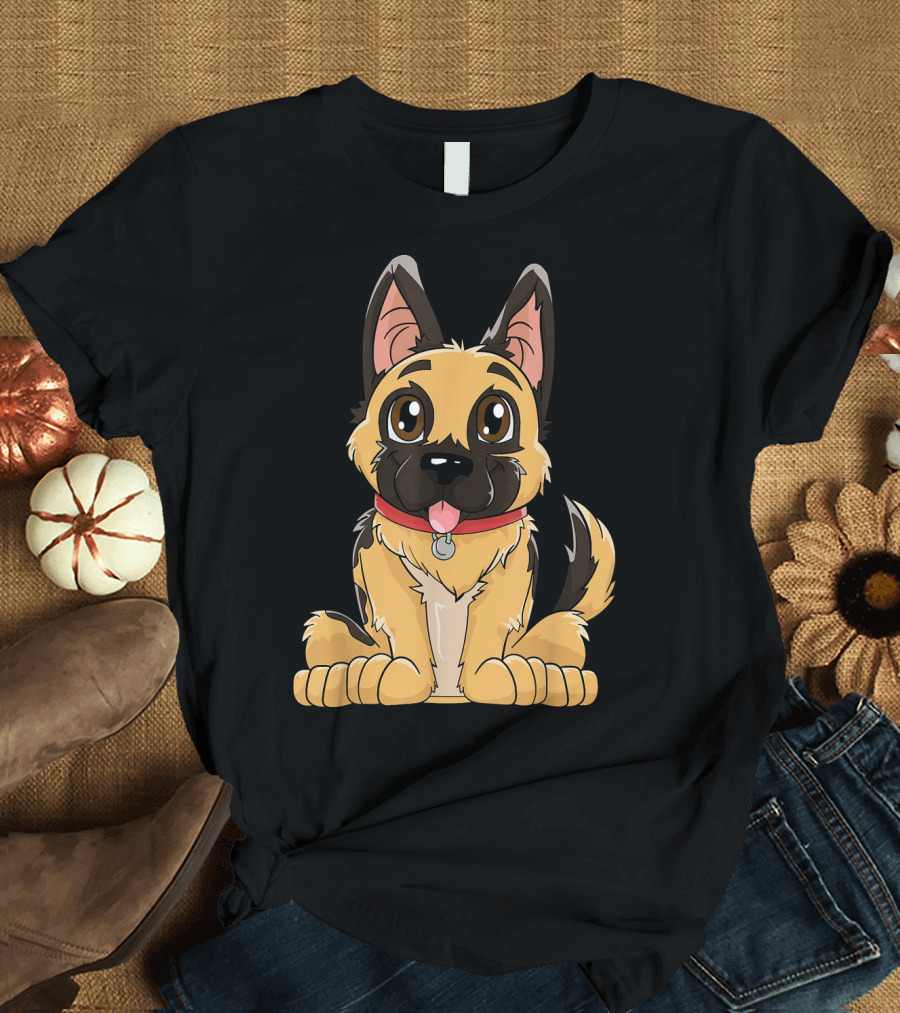 German Shepherd Cute Puppy with Red Collar and Happy Expression T-Shirt