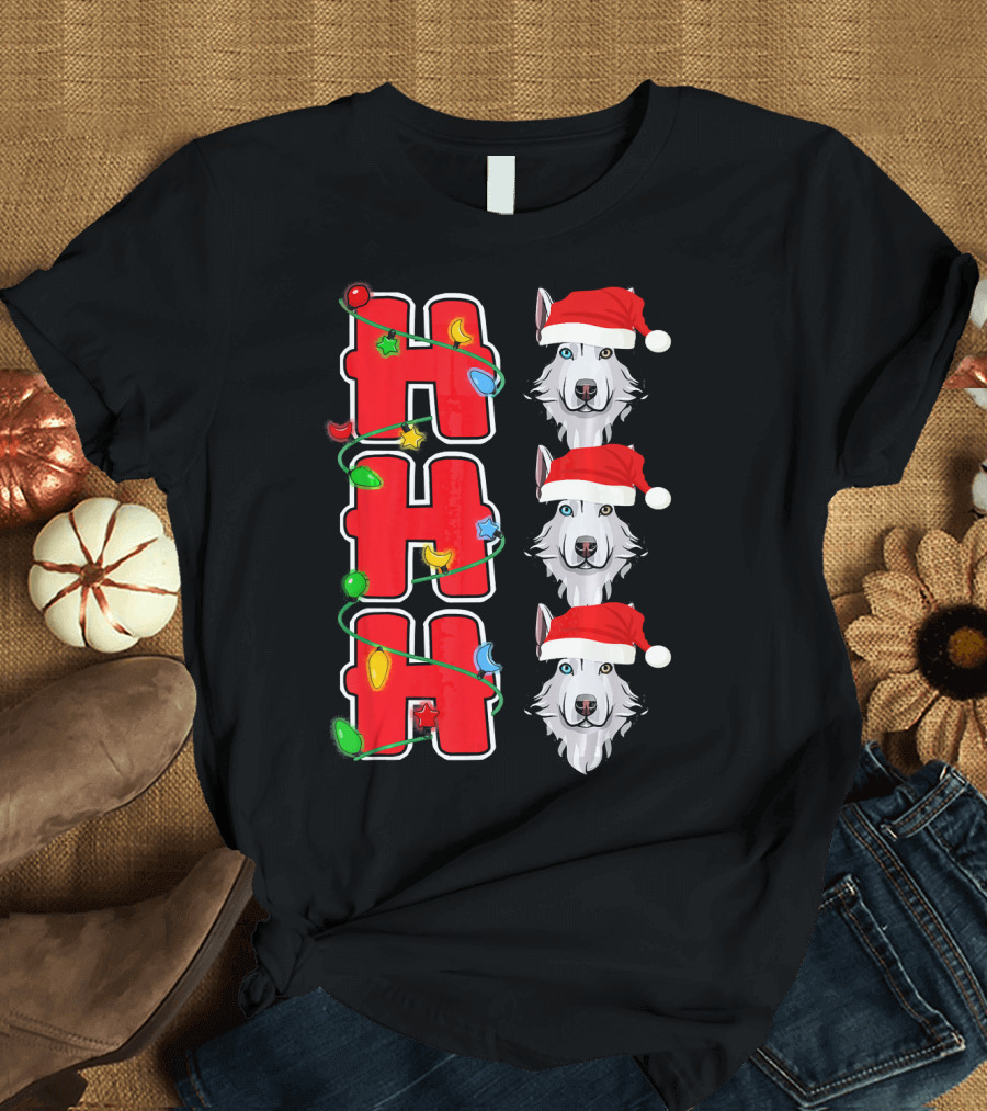 Ho Ho Ho Christmas Lights Santa Hat Husky T-Shirt