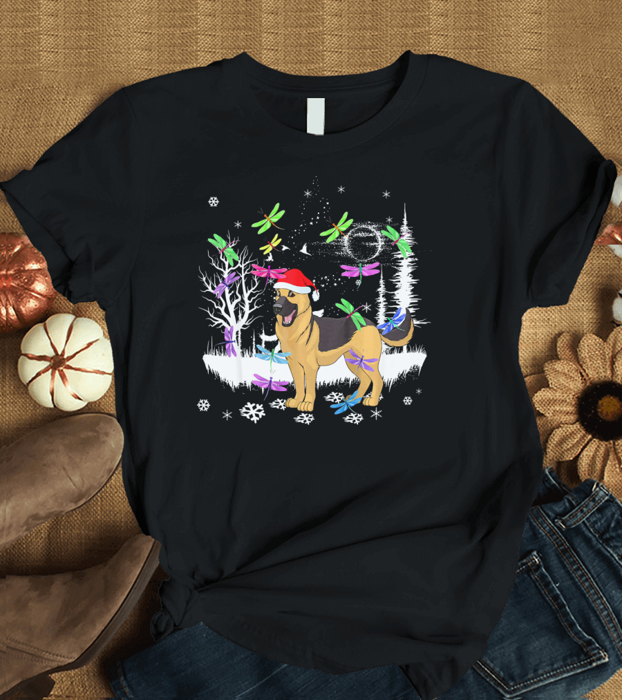 German Shepherd Christmas Santa Hat Winter Wonderland Dragonflies T-Shirt