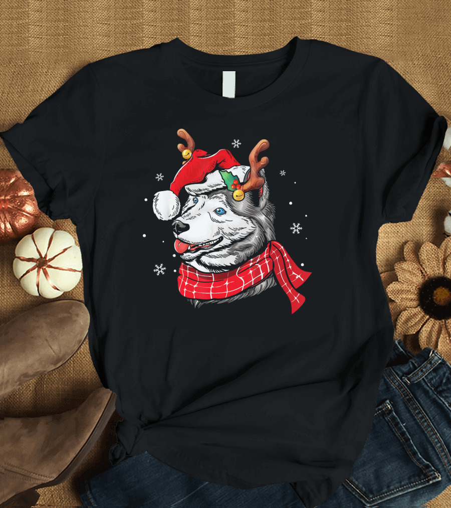Siberian Husky Christmas Reindeer with Santa Hat and Scarf T-Shirt