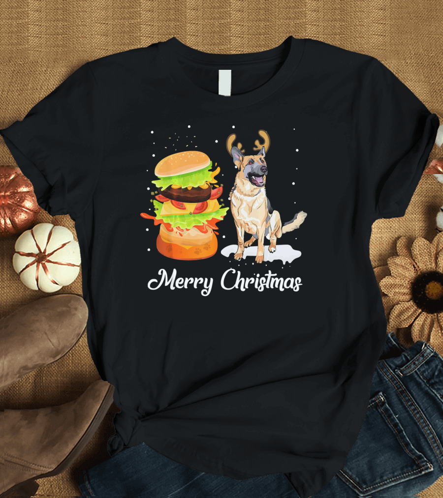 Merry Christmas German Shepherd with Antlers and Festive Burger T-Shirt
