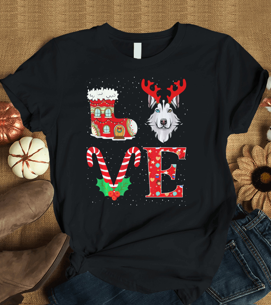 I Love My Husky Reindeer Horns Candy Cane Christmas Boot Snowflakes T-Shirt