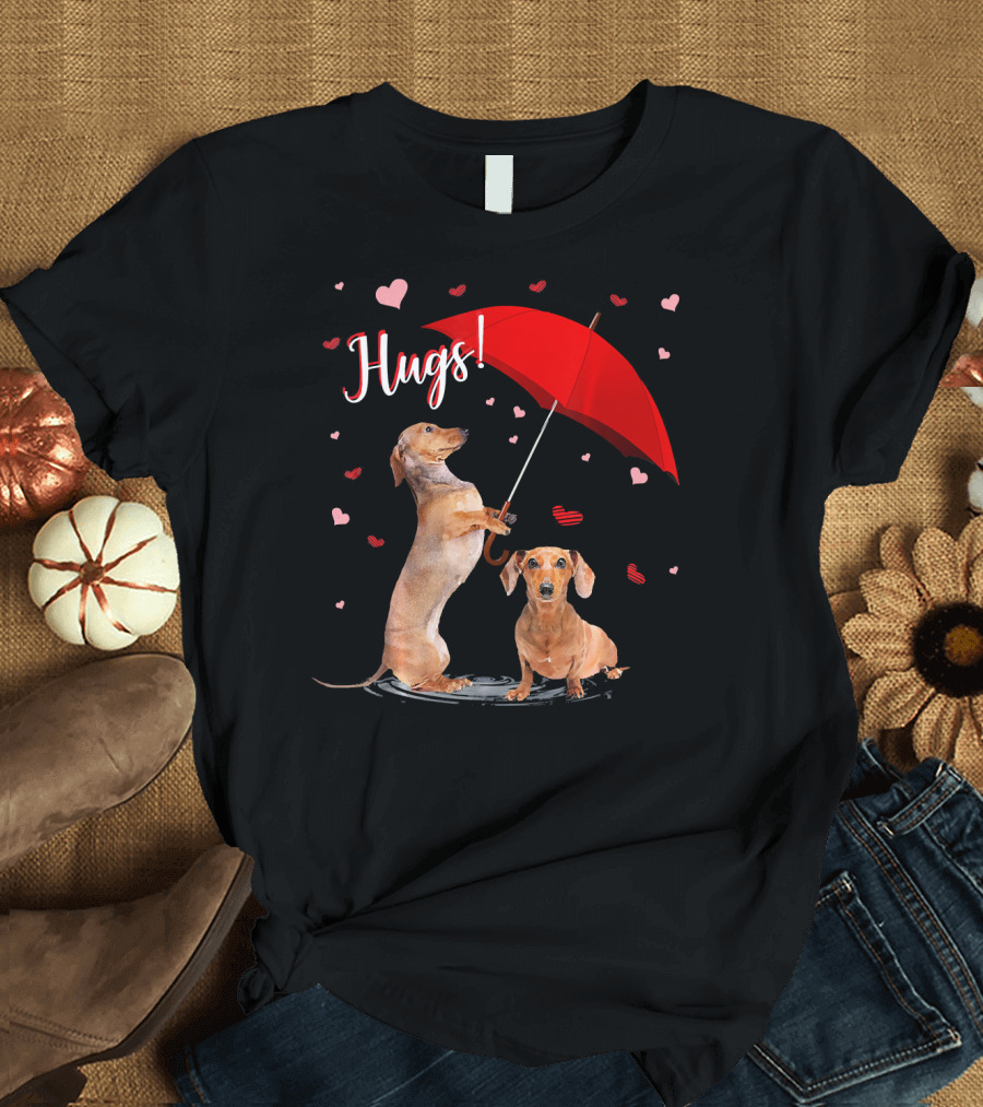 Hugs Dachshund Duo with Red Umbrella and Hearts T-Shirt