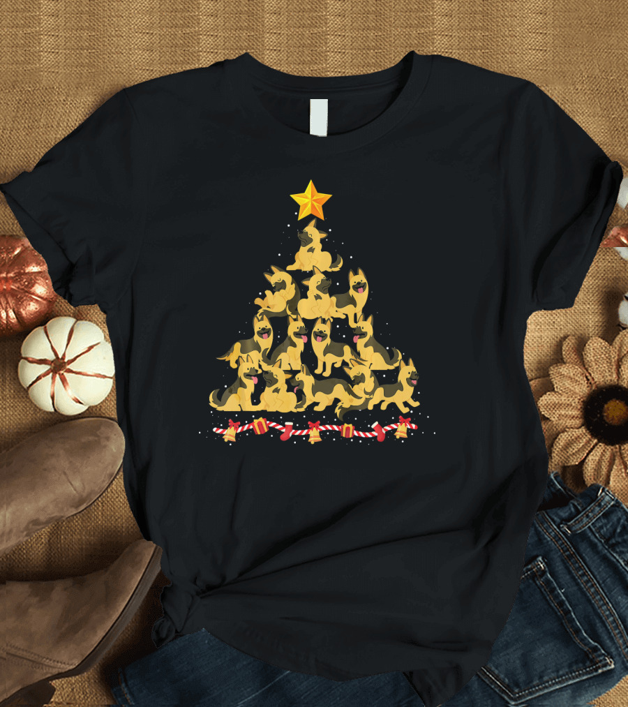 German Shepherd Dog Christmas Tree with Lights and Star T-Shirt