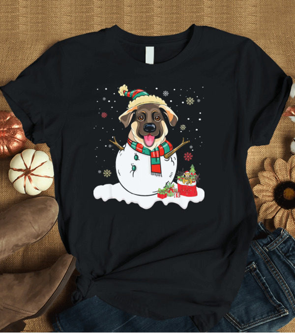 T-Shirt: Merry German Shepherd Snowman with Festive Hat and Gifts T-Shirt Merry German Shepherd Snowman with Festive Hat and Gifts T-Shirt