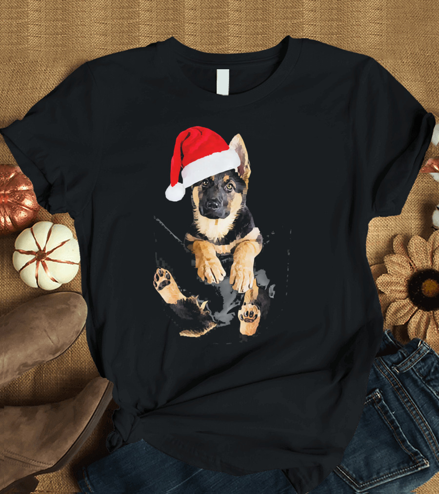 German Shepherd Puppy in Pocket with Santa Hat Christmas T-Shirt