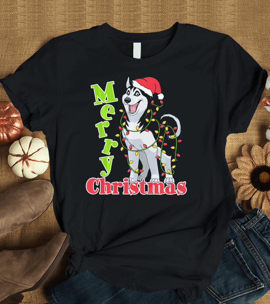 Merry Christmas Husky Wrapped in Festive Lights with Santa Hat T-Shirt