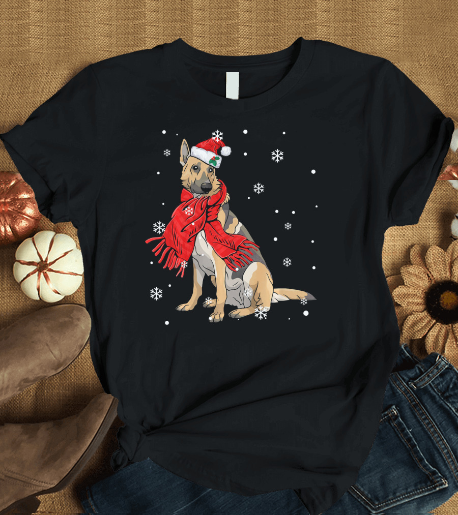 German Shepherd Santa Hat Snowflakes Red Scarf Winter Dog T-Shirt