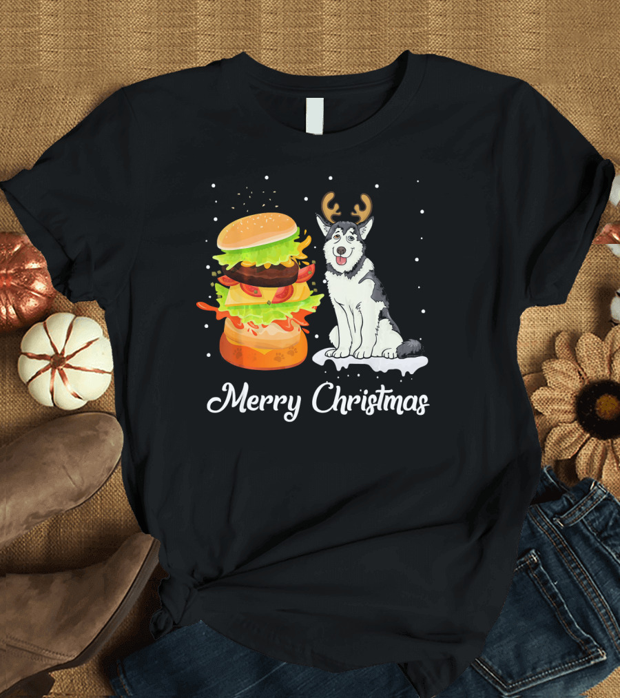 Merry Christmas Husky Dog With Burger T-Shirt