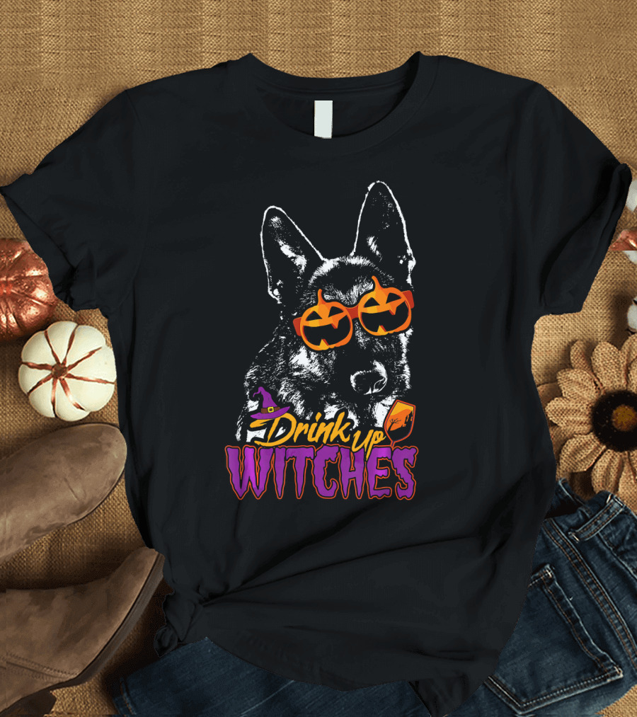 Drink Up Witches German Shepherd Pumpkin Sunglasses Halloween T-Shirt