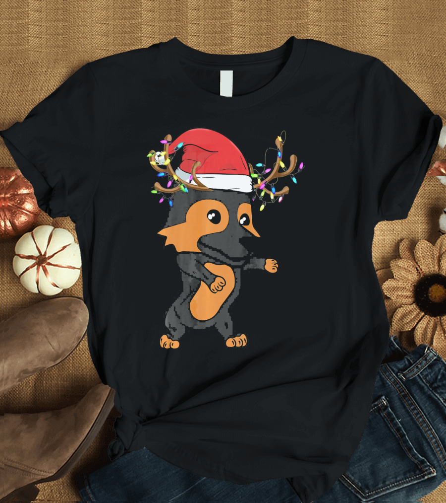 Santa Hat German Shepherd Reindeer Antlers Lights T-Shirt