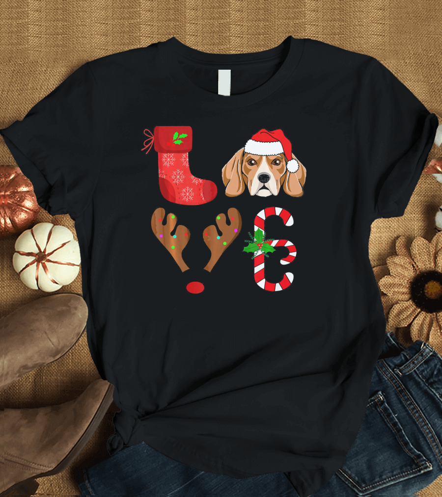 I Love My Beagle Christmas Holiday Festive Dog Santa Hat Candy Cane Stocking Antlers T-Shirt